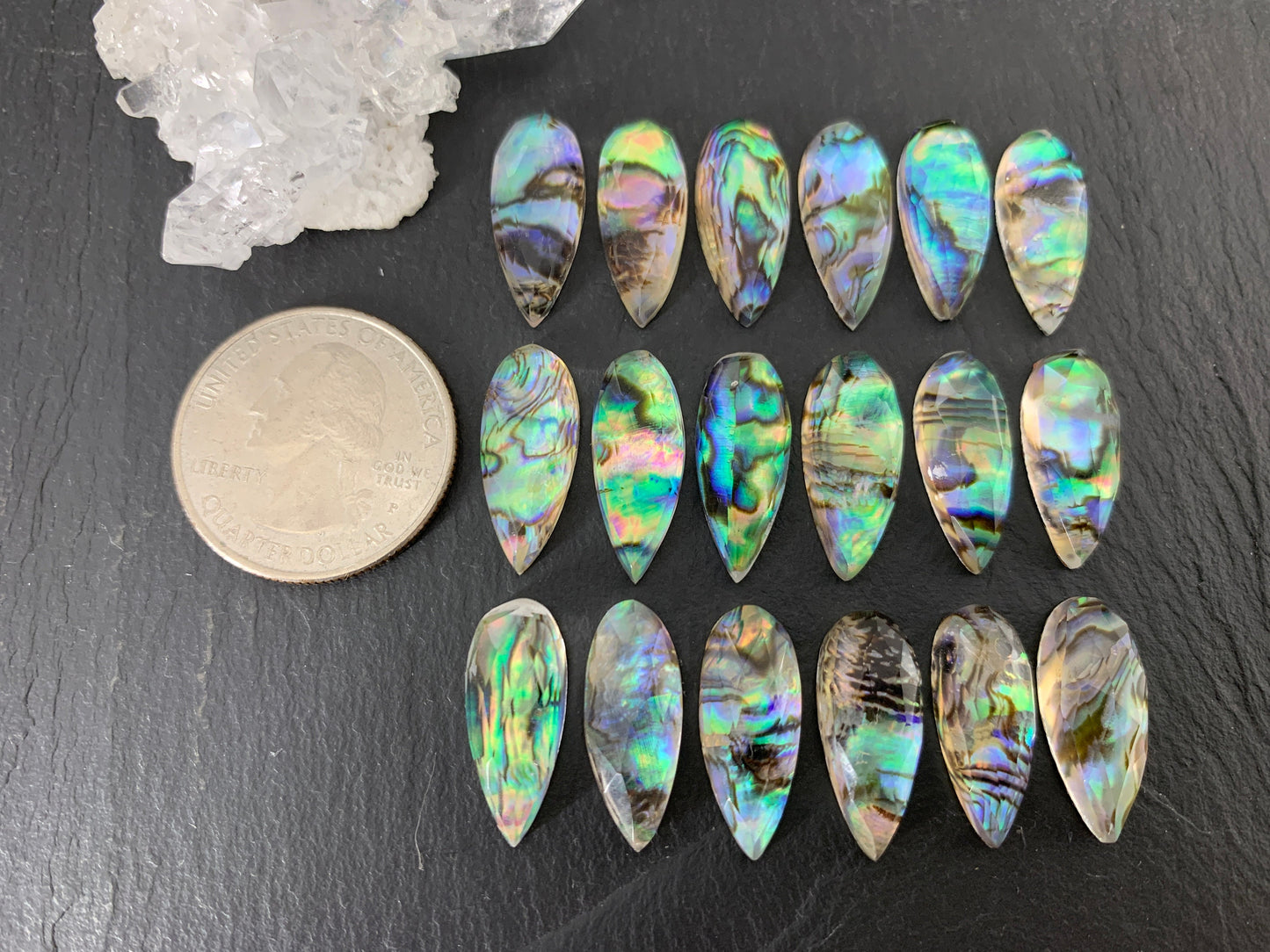 Faceted Abalone Crystal pear 10x20mm doublet cabochon