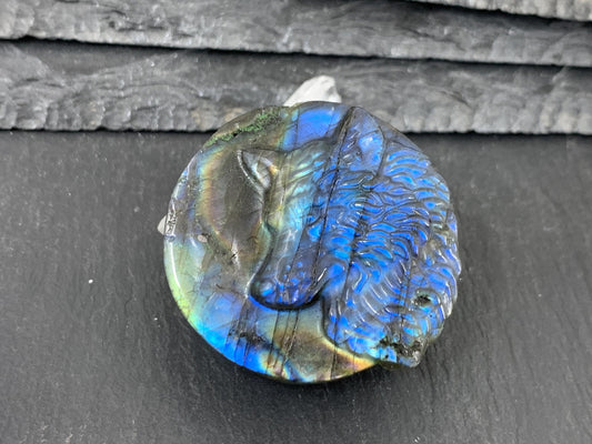 Wolf Labradorite Carving - Natural 40mm Flat Back Gemstone Wolf Shape