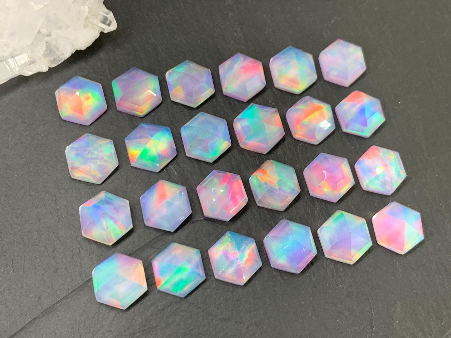 Faceted Aurora Opal hexagon 10mm cabochon - Doublet cabochons - man made Opal