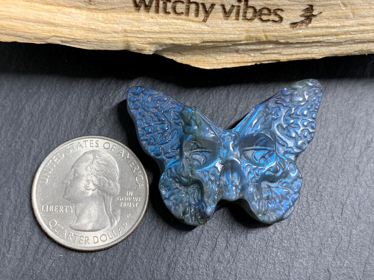 Labradorite Ghost Face Butterfly 40x28mm Flat Back Carving, Natural Labradorite, Handcrafted Crystal Jewelry