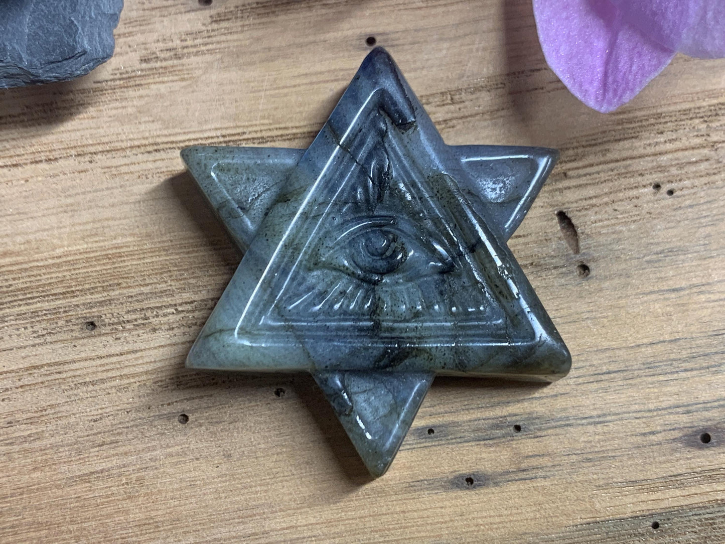Labradorite All Seeing Eye 50x40 mm Carving. Hand Carved Labradorite Merkaba Star