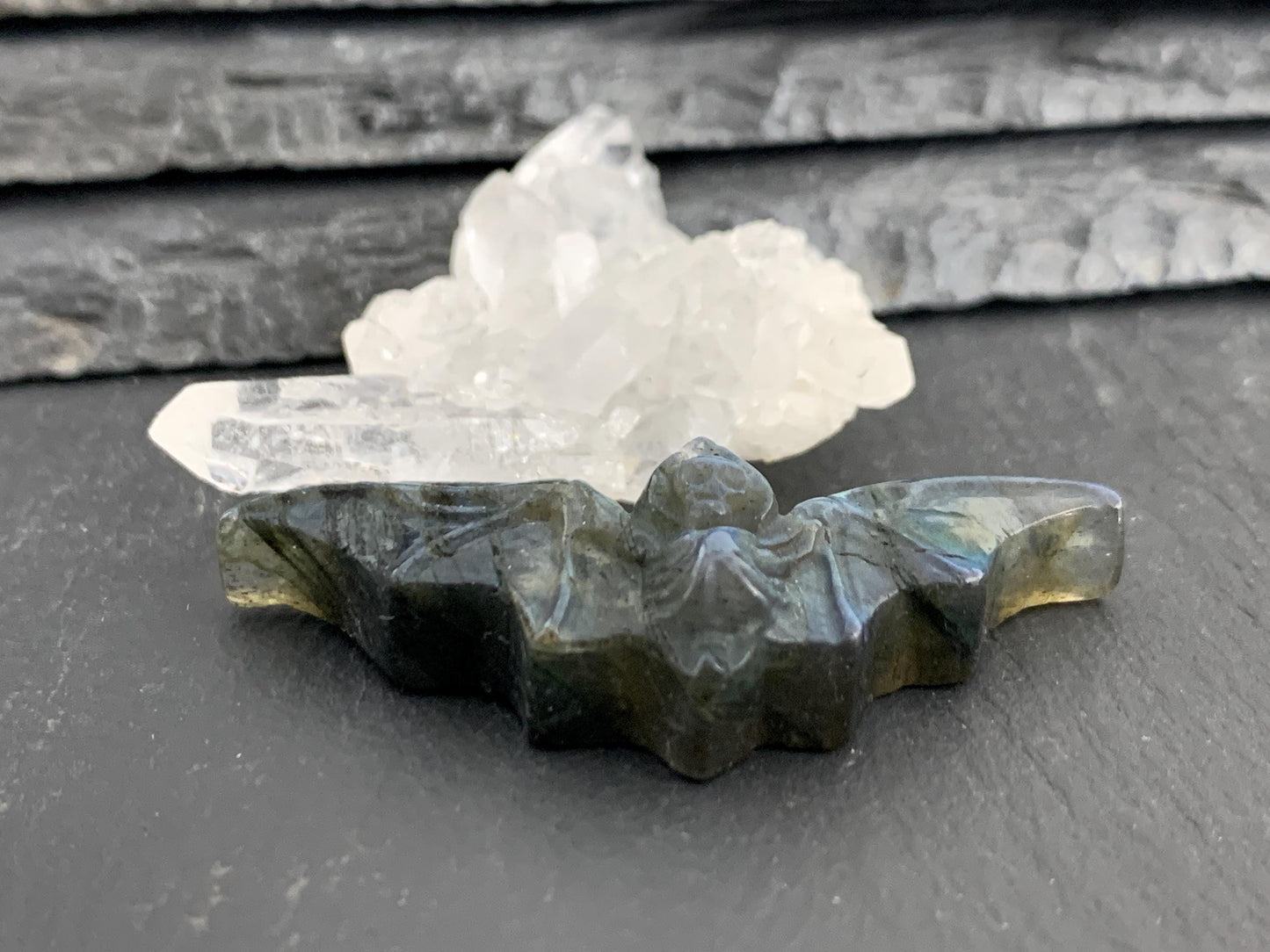 Labradorite skeleton bat 18x48mm flat back carving