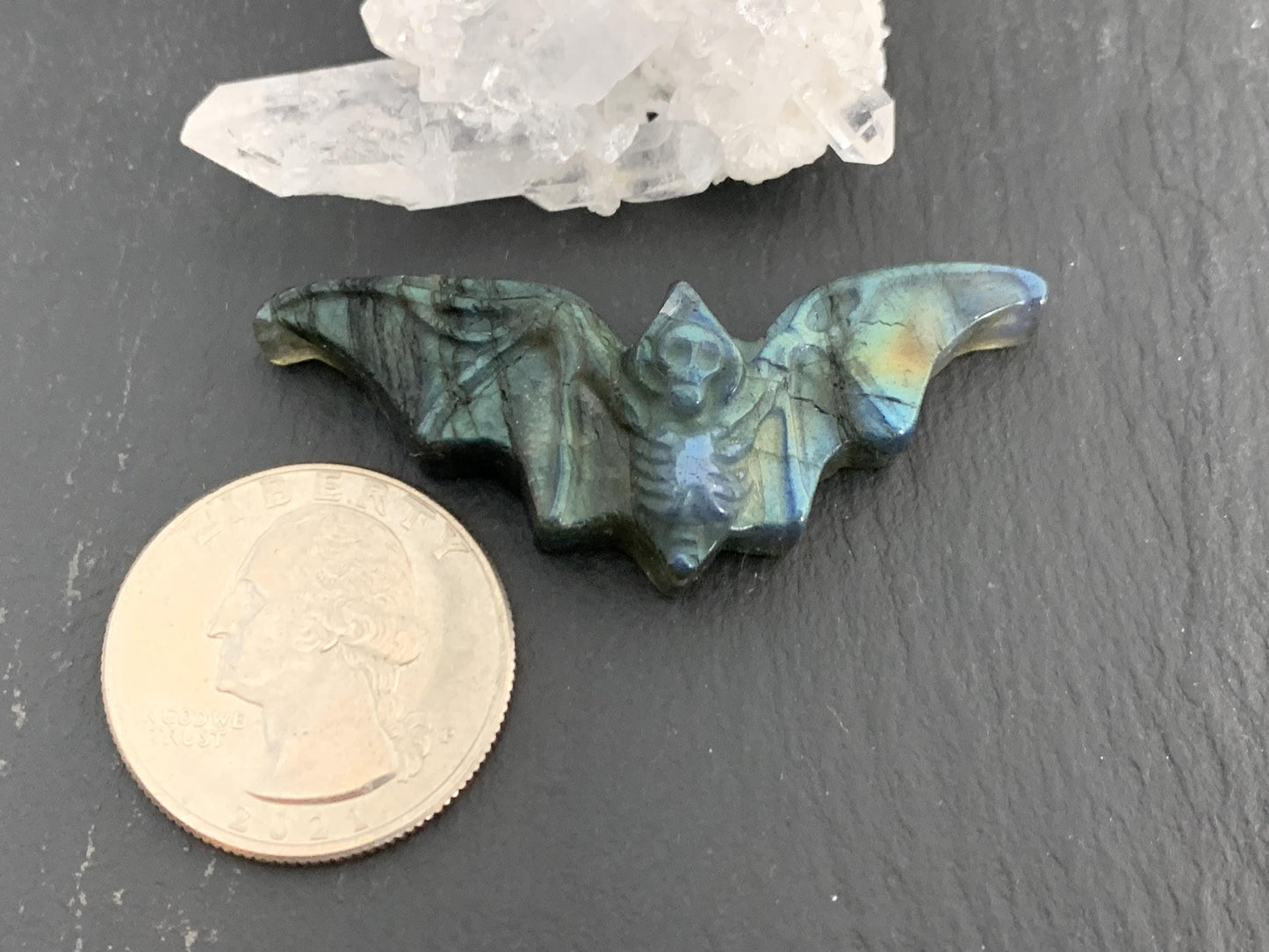 Labradorite skeleton bat 18x48mm flat back carving