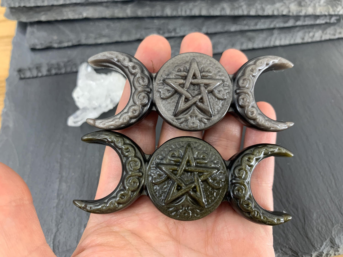 Obsidian Pentacle Altar Decor, Triple Moon Carving - Wiccan Gift
