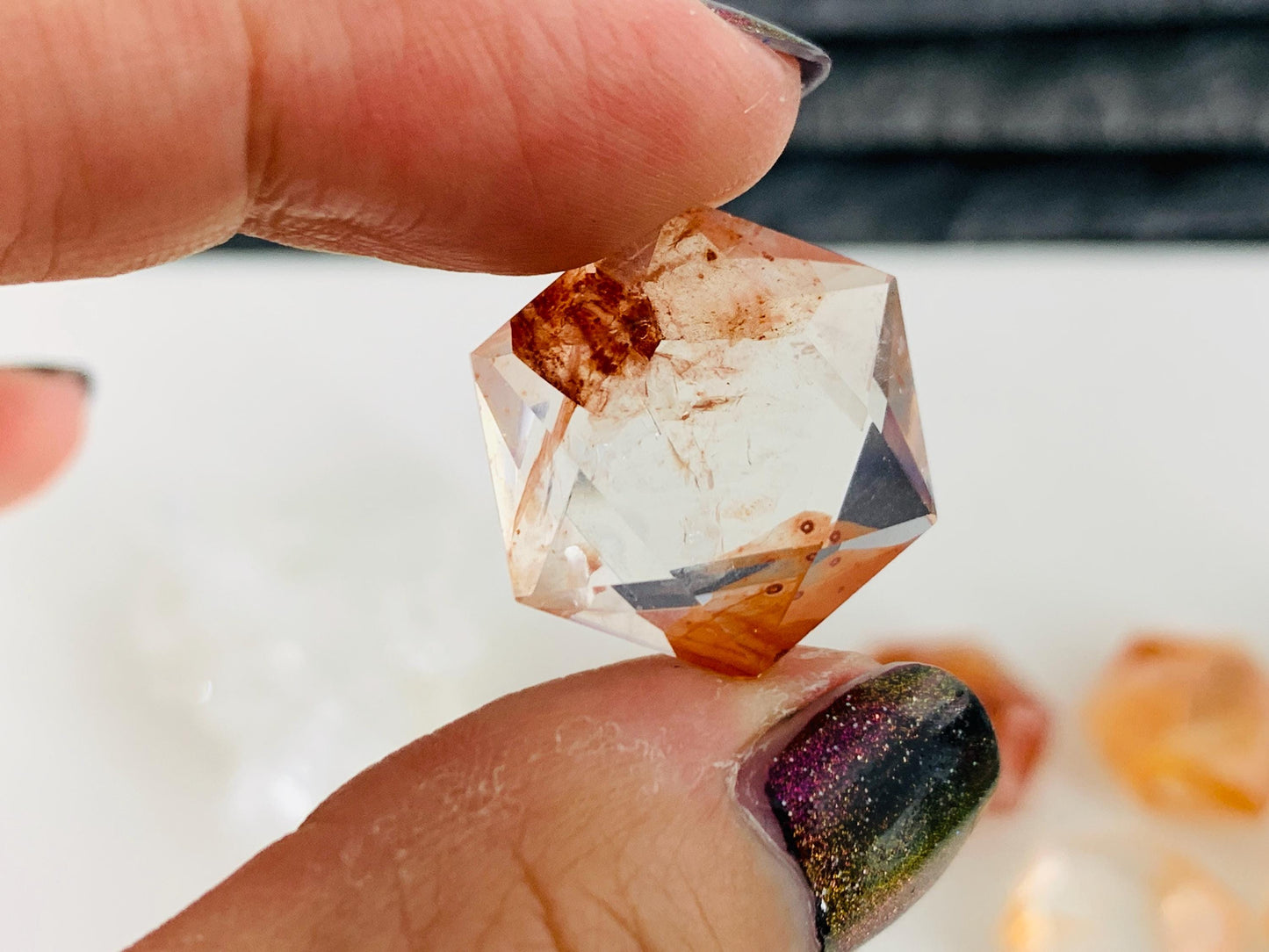 Fire Quartz hexagon 18x21mm faceted from both sides