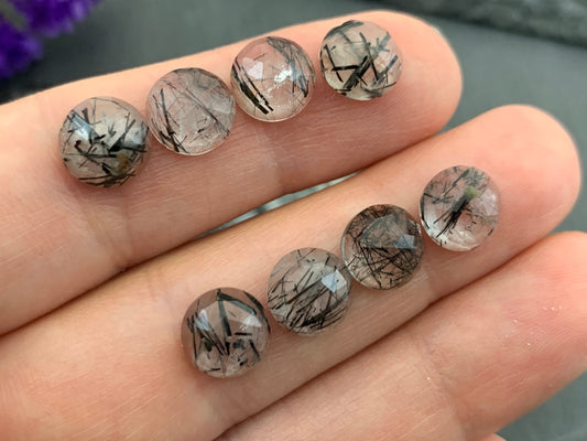 Faceted Black Rutilated Quartz round 8mm cabochon