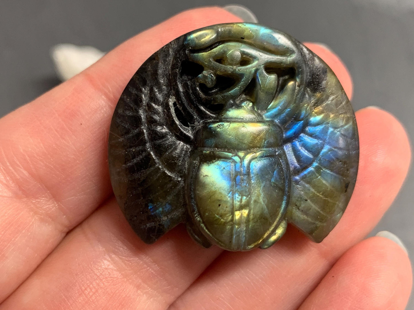 Labradorite Scarab Carving: Ancient Egyptian Eye of Horus Symbol of Protection (35x31mm)