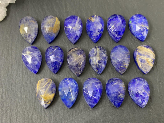 Gold Rutilated Quartz & Lapis Lazuli Doublet Pear 8x12mm Cabochon