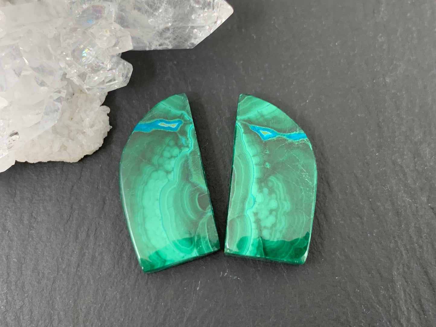 Malachite Chrysocolla free form 11x21x4mm cabochon pair