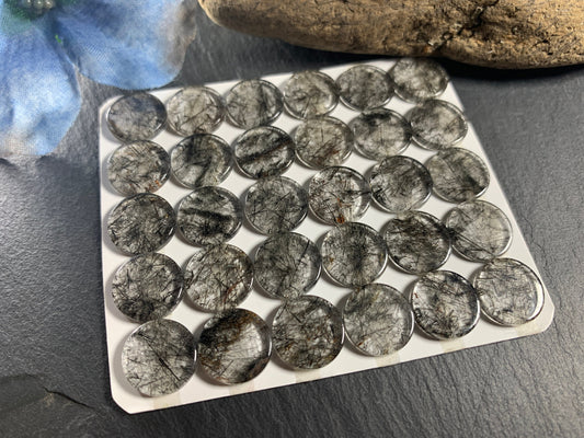 Flat Black Rutilated Quartz round 12mm cabochon - Calibrated cabochons