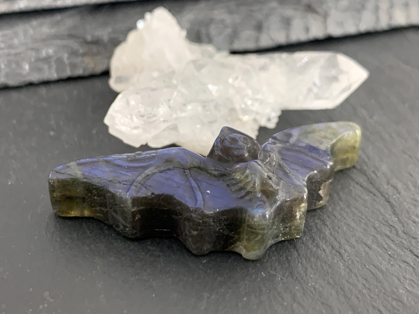 Labradorite skeleton bat 20x47mm flat back carving