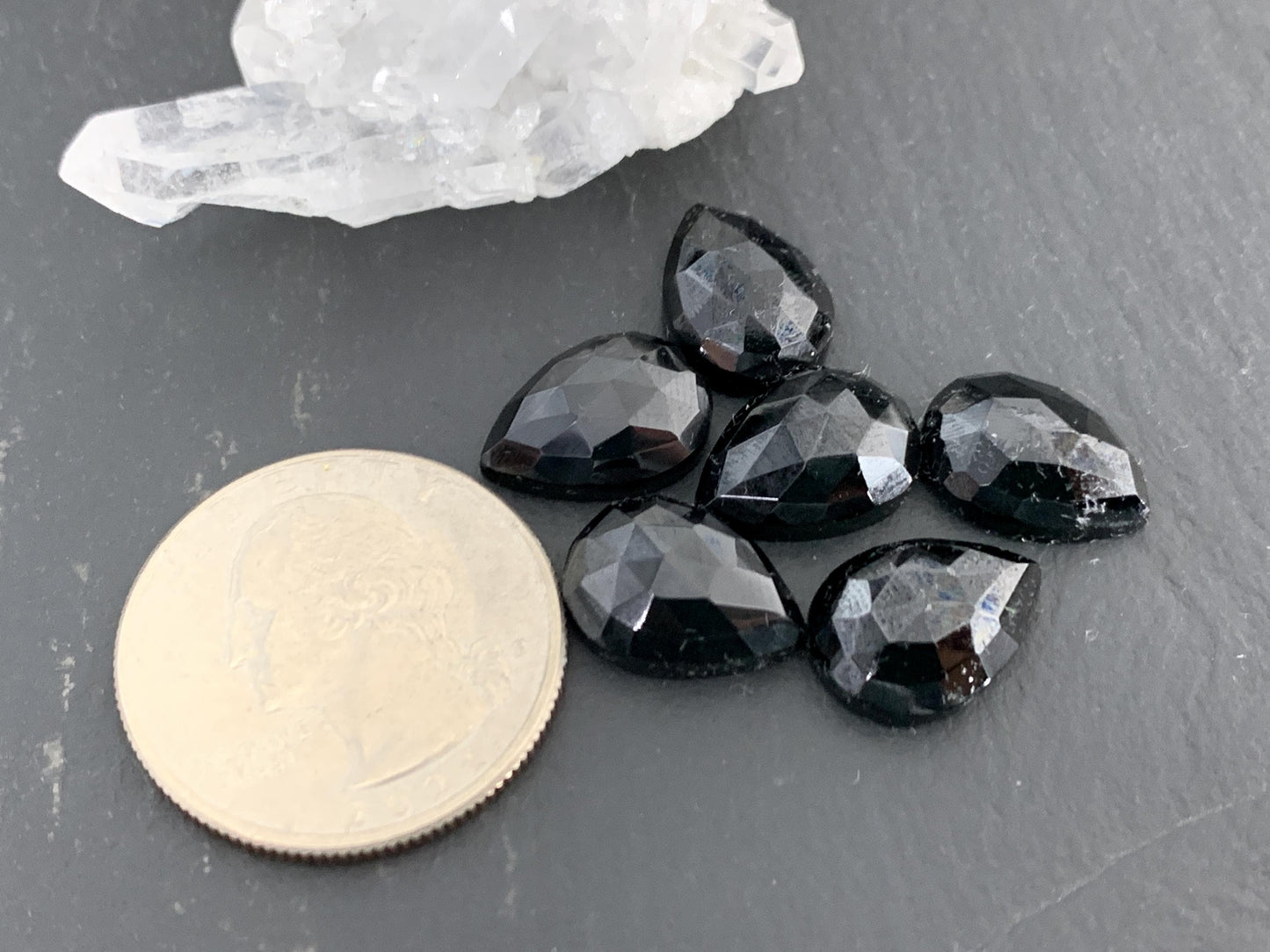 Faceted Black Spinel pear 10x14mm cabochon
