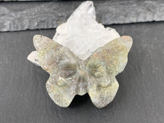 Labradorite Ghost Butterfly – Hand Carved Gemstone Flat Back Carving, Artisan Crystal Gift