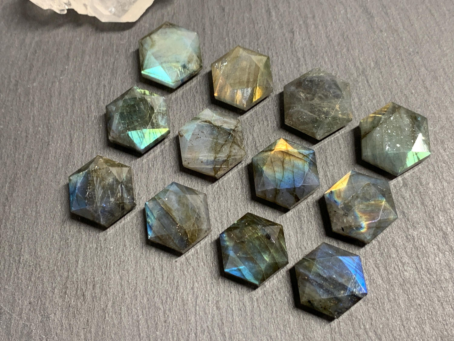 Labradorite hexagon 18mm faceted from both sides - not a cabochon