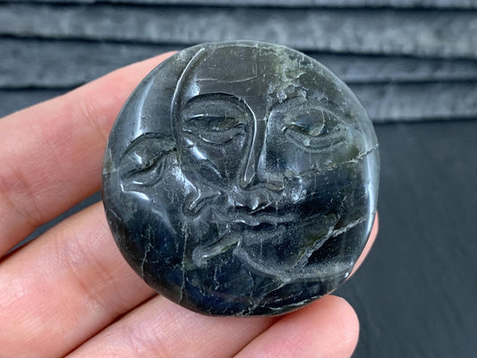 Labradorite Sun Moon Carving – 42mm Natural Flat Back Gemstone Design