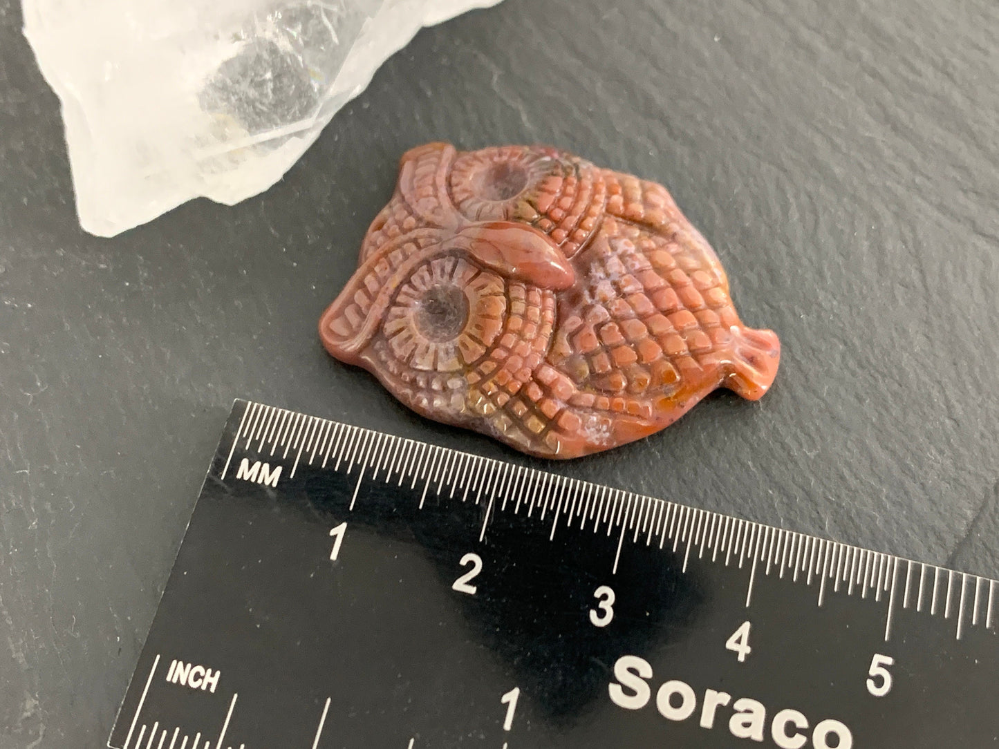 Ocean Jasper owl top drilled 26x36mm cabochon carving