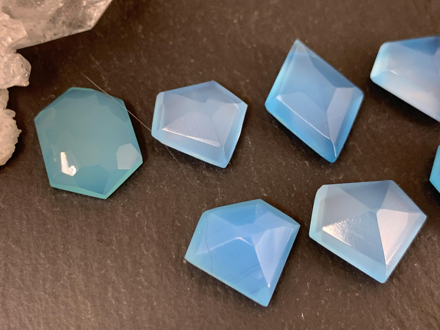 Faceted Blue Chalcedony 12-18mm long cabochon