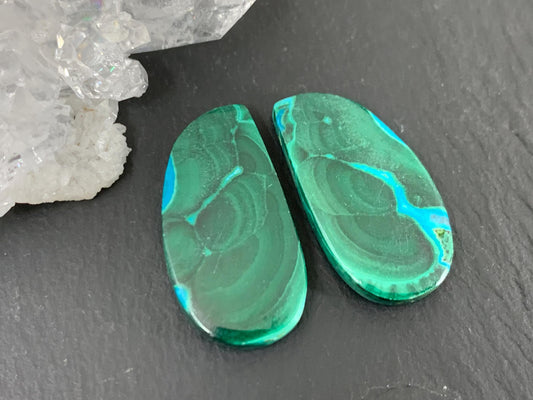 Malachite Chrysocolla free form 13x25x3.5mm cabochon pair