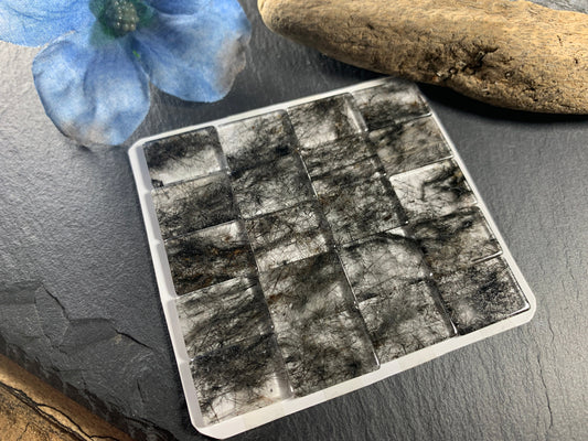 Flat Black Rutilatd Quartz rectangle 13x18mm cabochon - calibrated cabochons