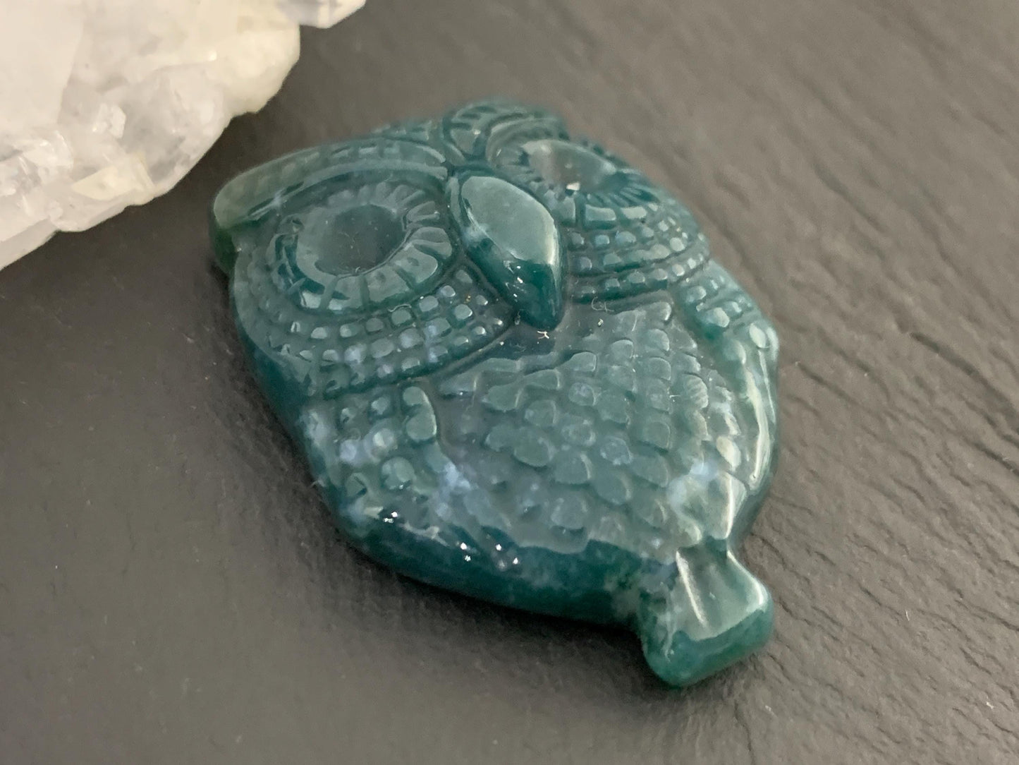 Ocean Jasper owl top drilled 26x35mm cabochon carving