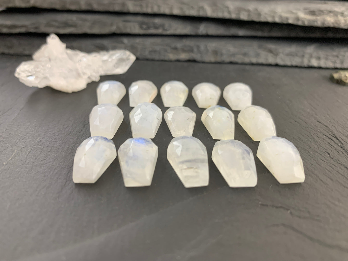 Faceted Raiblow Moonstone coffin 10x16mm cabochon