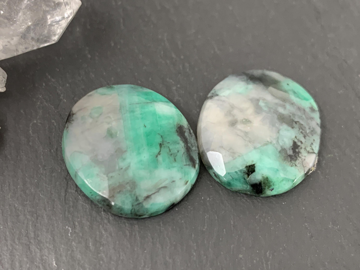 Faceted Emerald Pair 19x21x5mm Cabochons