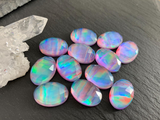 Faceted Aurora Opal oval 10x14mm cabochons - Doublet cabochons