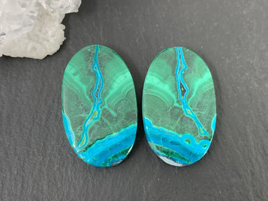 Malachite Chrysocolla oval 14x23x4.5mm cabochon pair