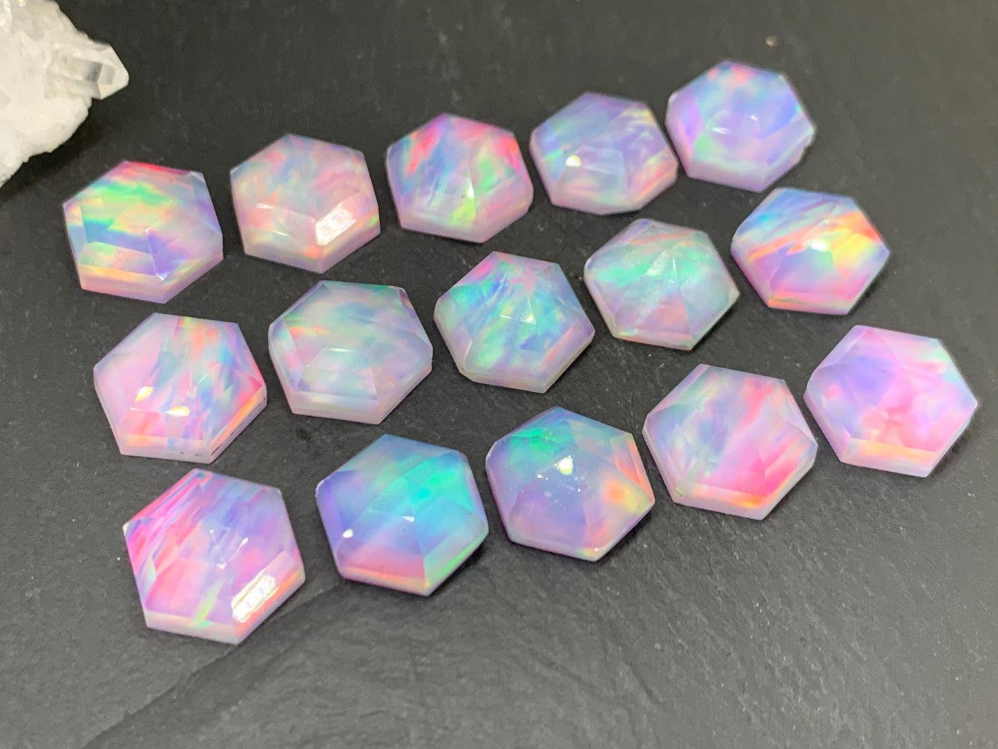Faceted  Aurora Opal hexagon 12mm cabochon - Doublet cabochons - man made Opal