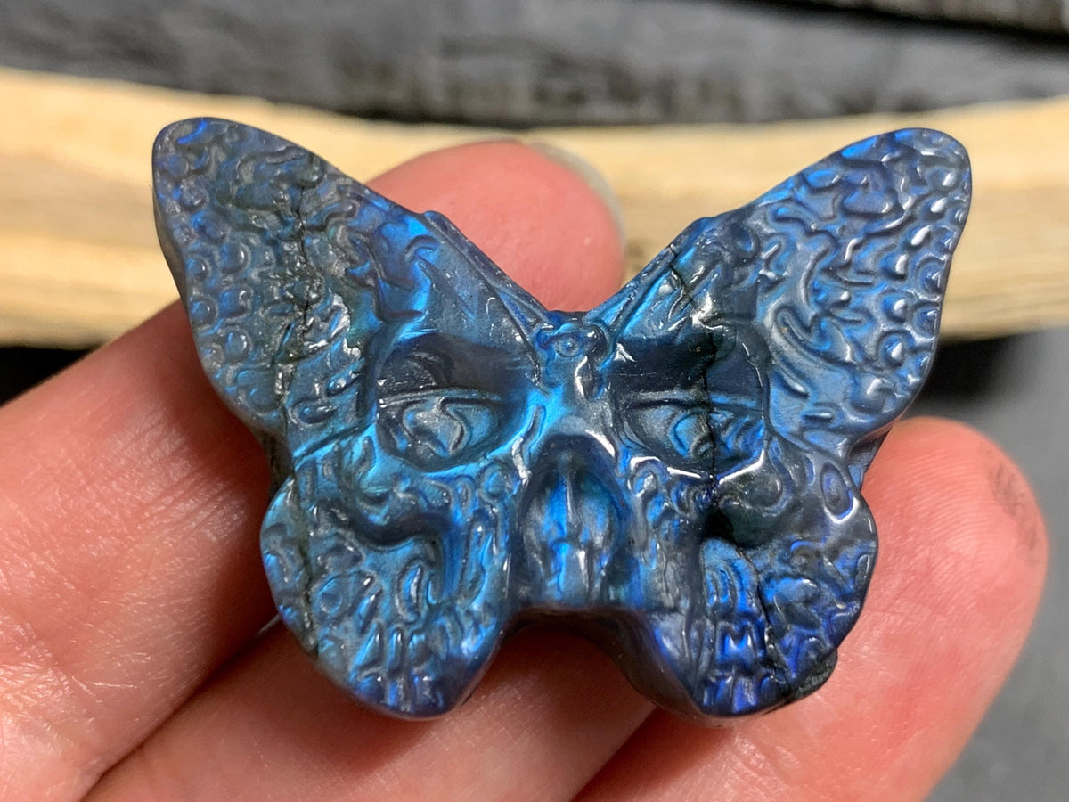 Labradorite Ghost Face Butterfly 41x29mm Flat Back Carving, Natural Labradorite
