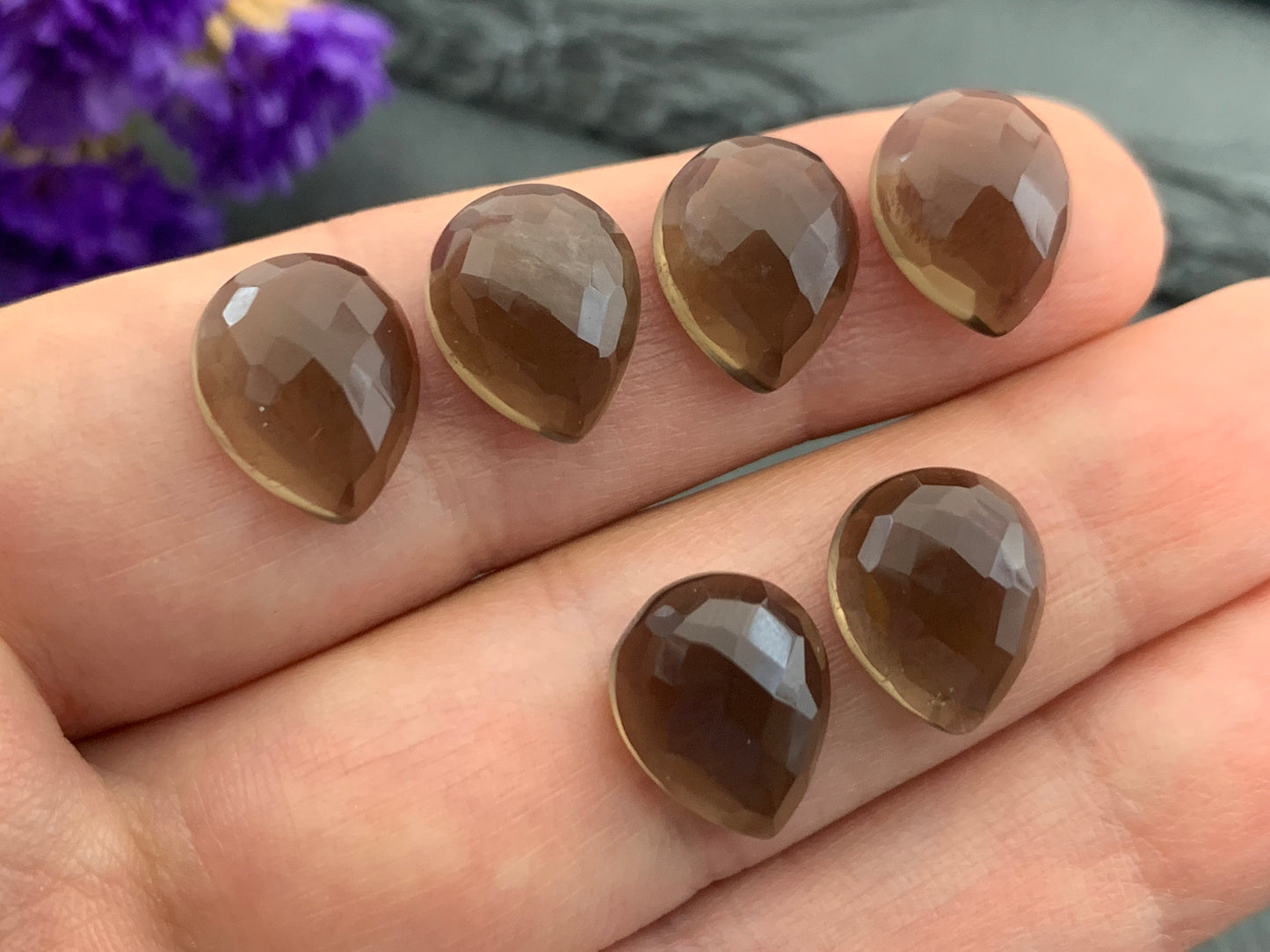 Faceted Smokey Quartz pear 10x12mm Cabochon - Calibrated cabochons