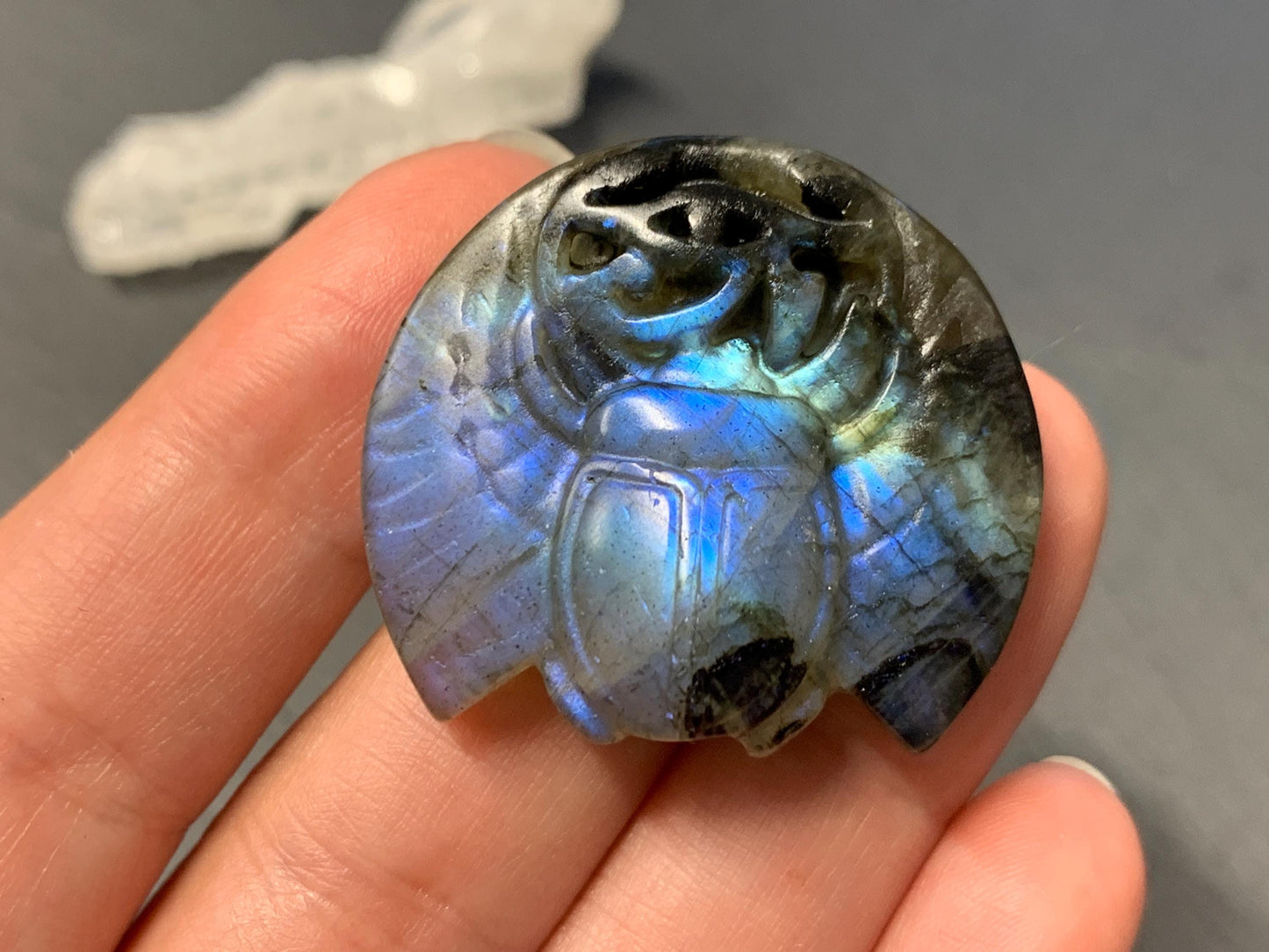 Labradorite Scarab Carving: Ancient Egyptian Eye of Horus Symbol of Protection (34x31mm)