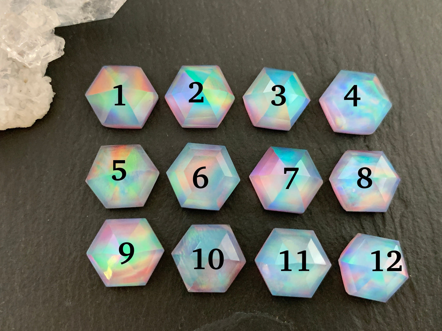 Faceted Aurora Opal hexagon 10mm cabochon - Doublet cabochons