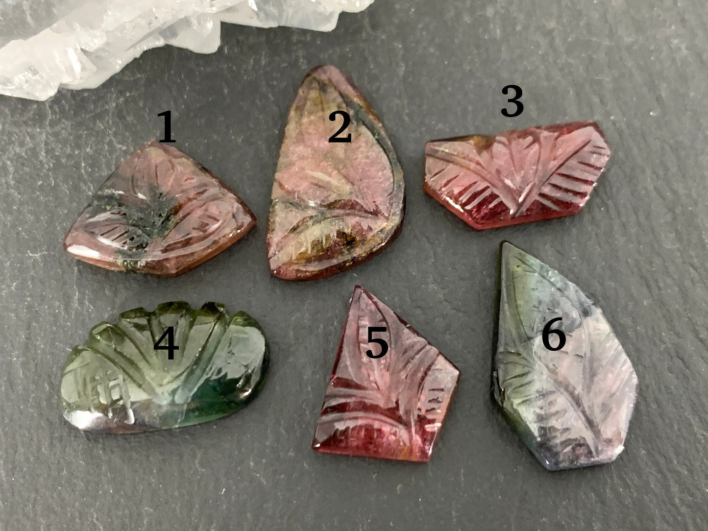 Carved Tourmaline free form 8-18mm long cabochon