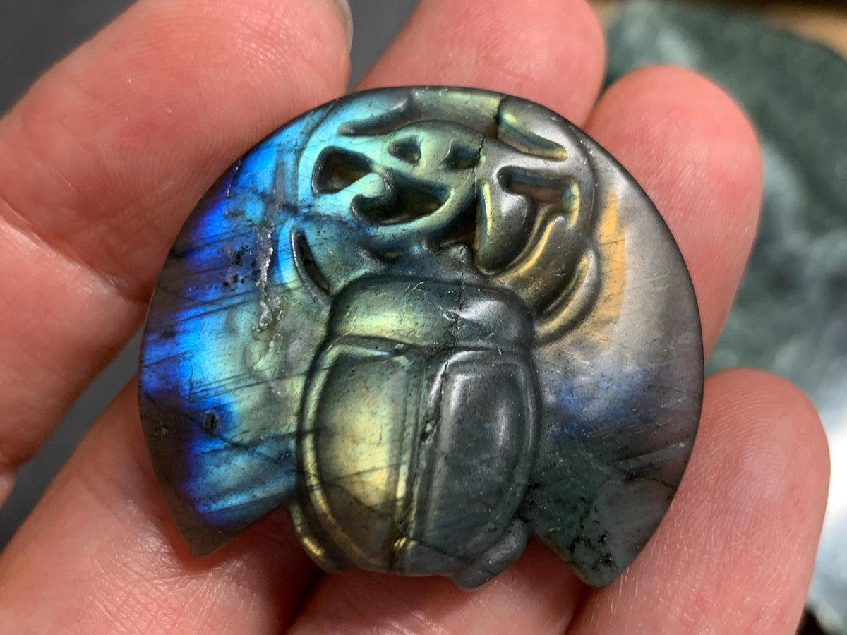 Labradorite Scarab Carving: Ancient Eye of Horus Symbol of Protection (34x31mm)