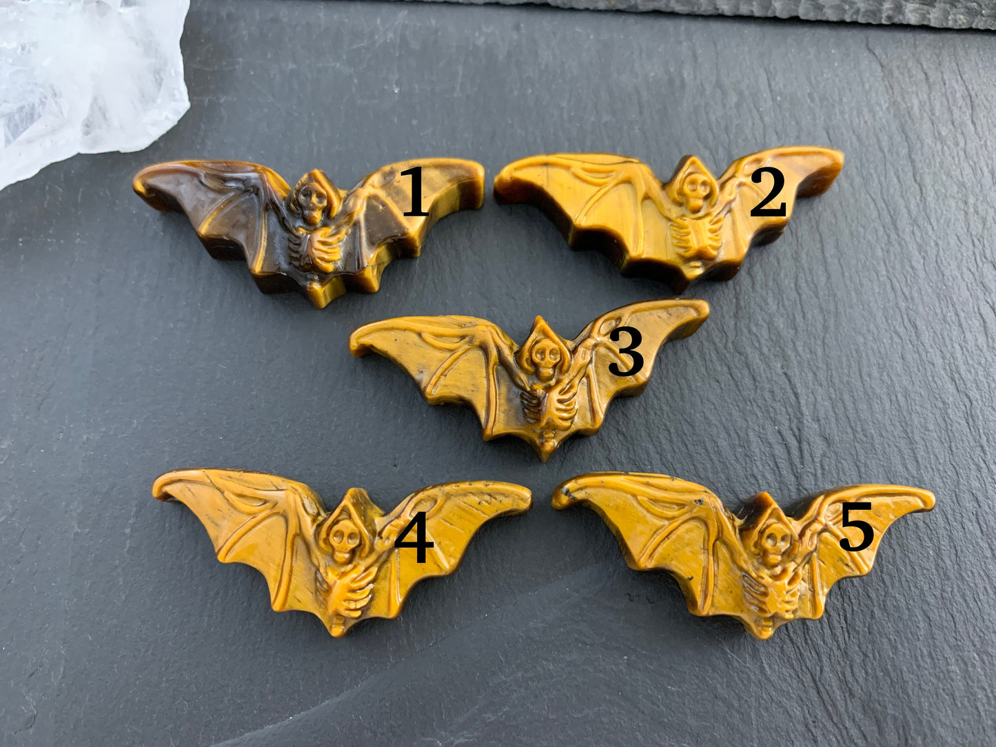 Tiger Eye skeleton bat cabochon carving