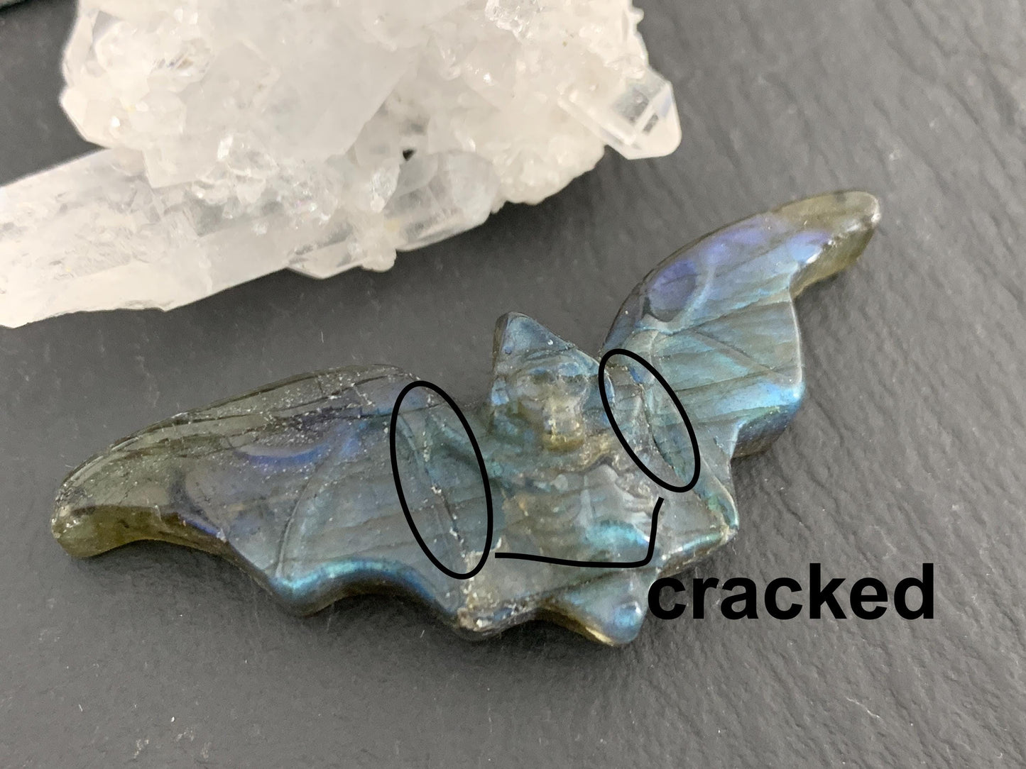 Discounted Labradorite skeleton bat 19x48mm flat back carving