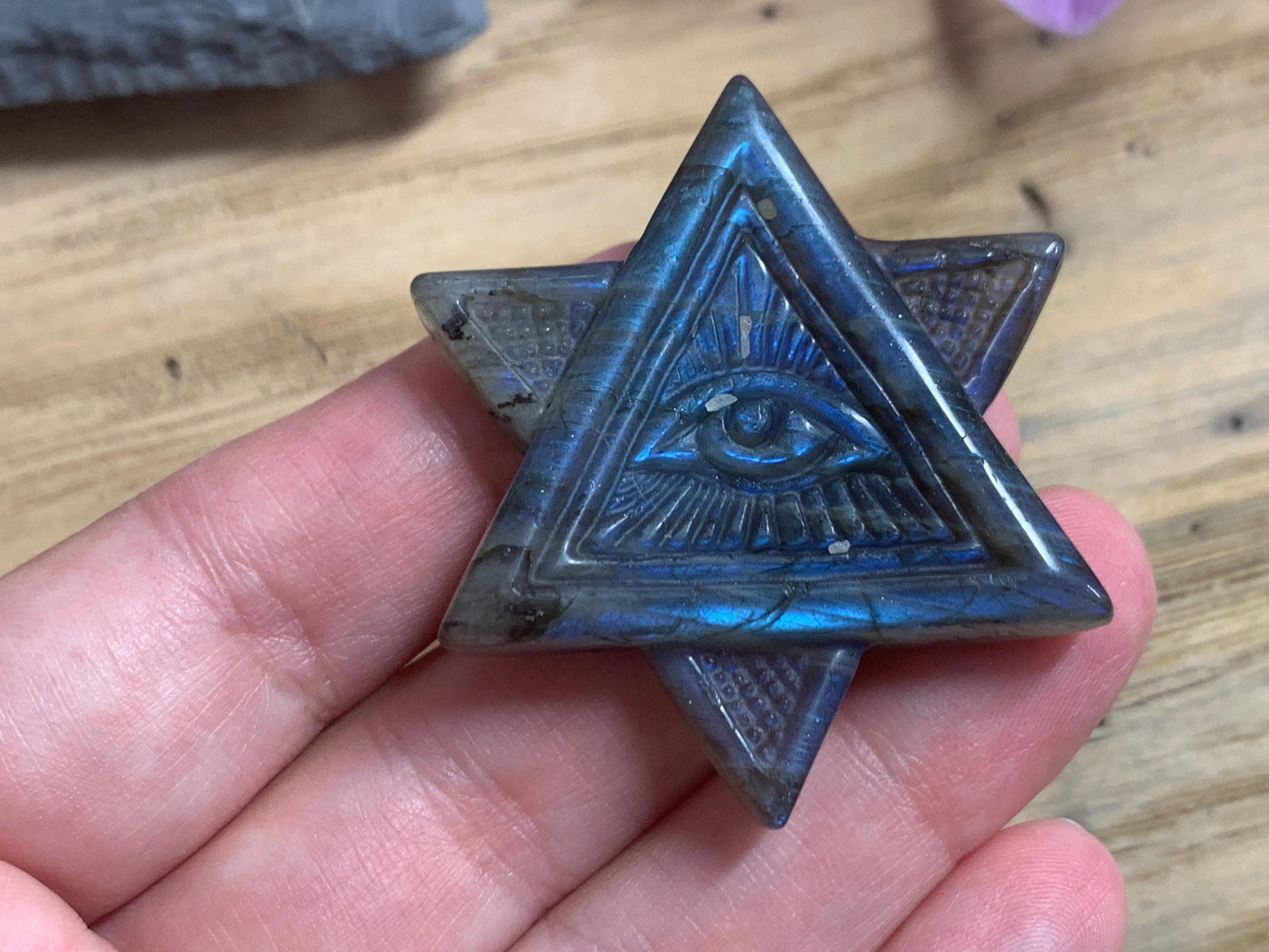 Labradorite All Seeing Eye 46x41 mm Carving. Hand Carved Labradorite Merkaba Star