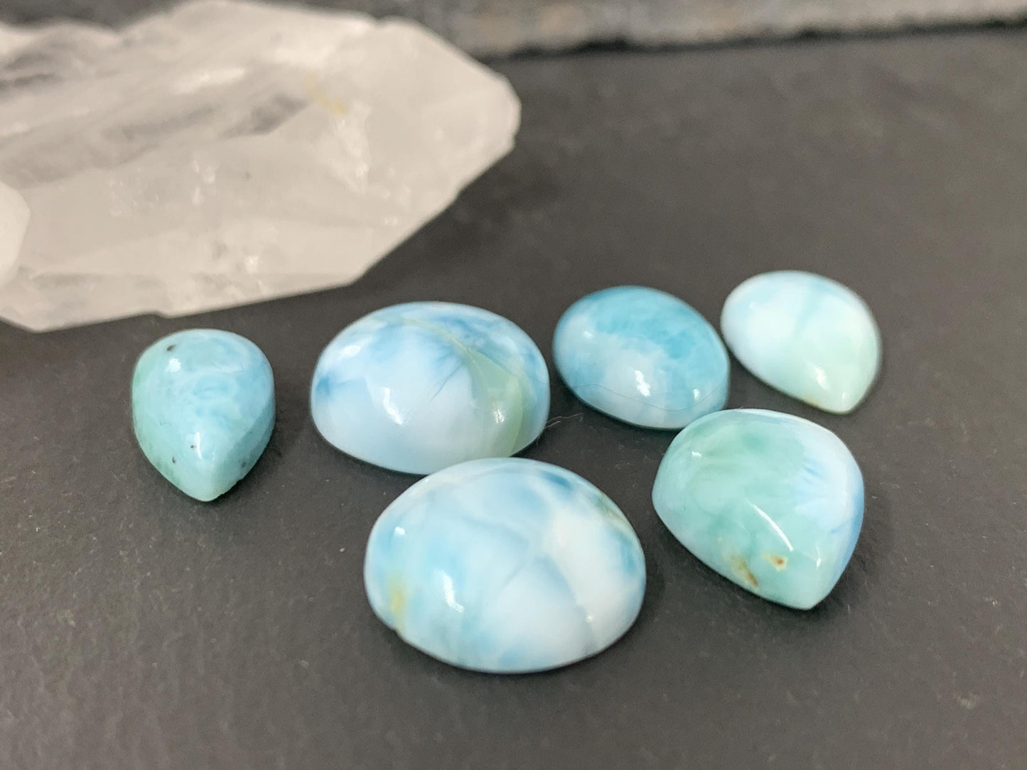 Larimar cabochon 13mm long pear, round, oval