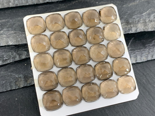Faceted Smokey Quartz square cushion 10mm cabochon  - Calibrated cabochons