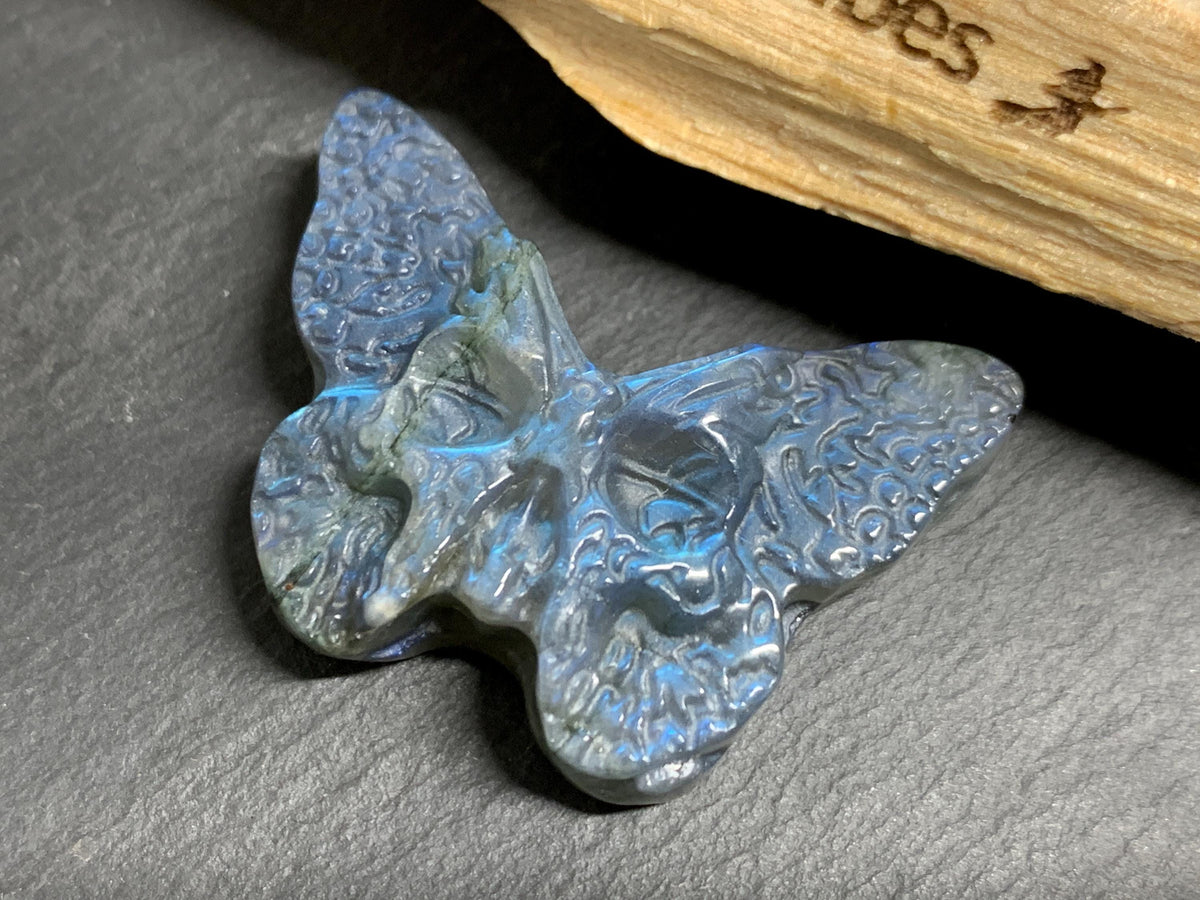 Labradorite Ghost Face Butterfly 40x28mm Flat Back Carving, Natural Labradorite, Handcrafted Crystal Jewelry