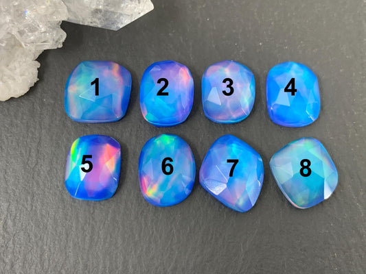 Faceted Aurora Opal free form 10-11mm long doublet cabochons