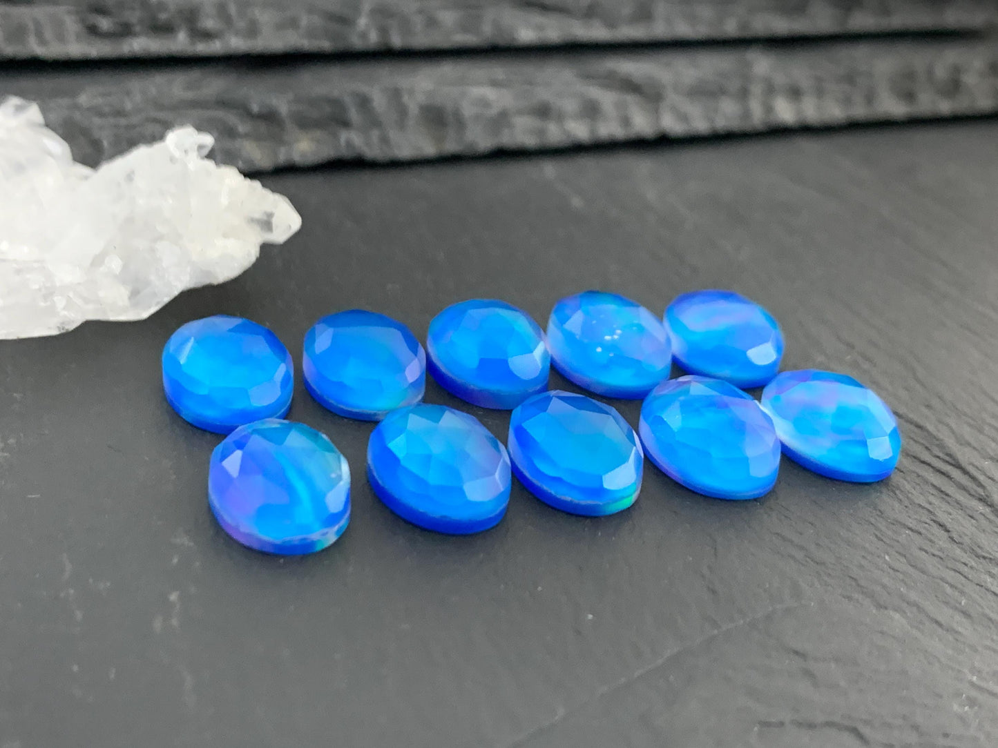 Faceted  Aurora Opal oval 10x14mm cabochons - Doublet cabochons