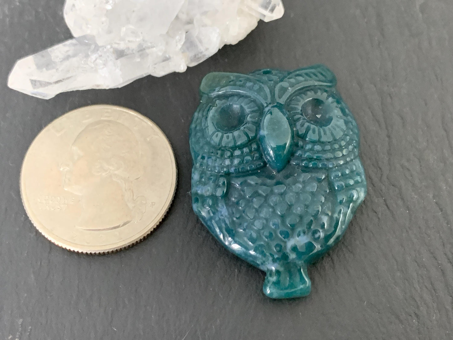 Ocean Jasper owl top drilled 26x35mm cabochon carving