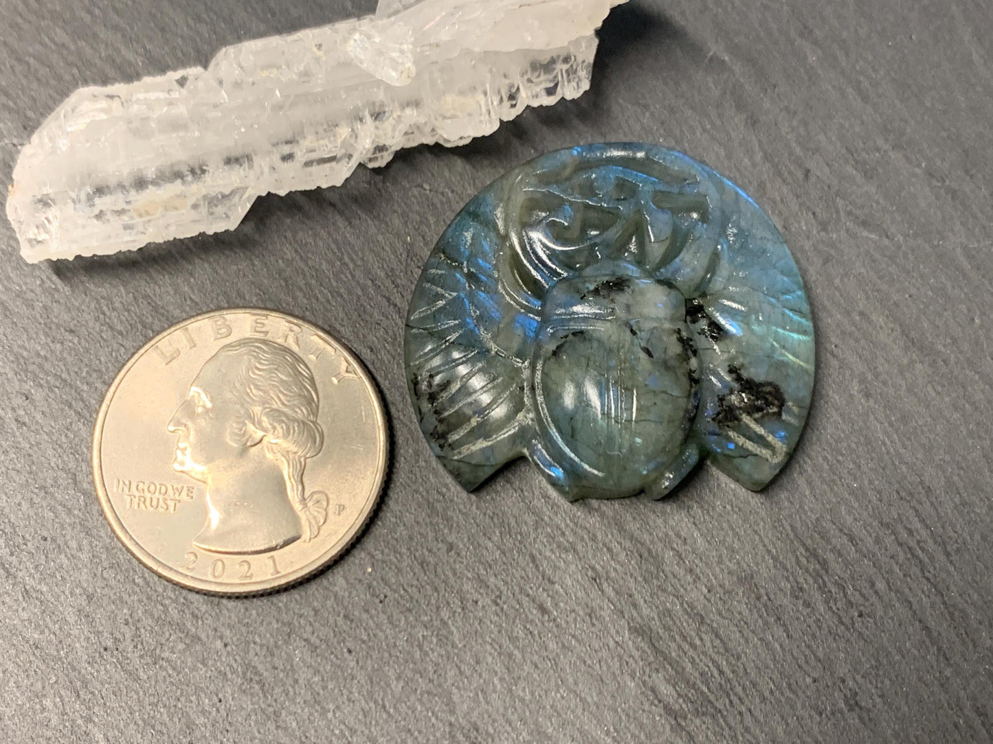 Labradorite Scarab Carving: Ancient Egyptian Eye of Horus Symbol of Protection (34x30mm)