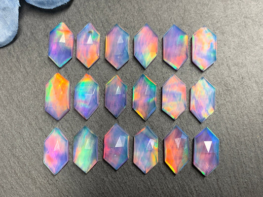 Faceted Aurora Opal long hexagon 8x16mm cabochon - Doublet cabochons