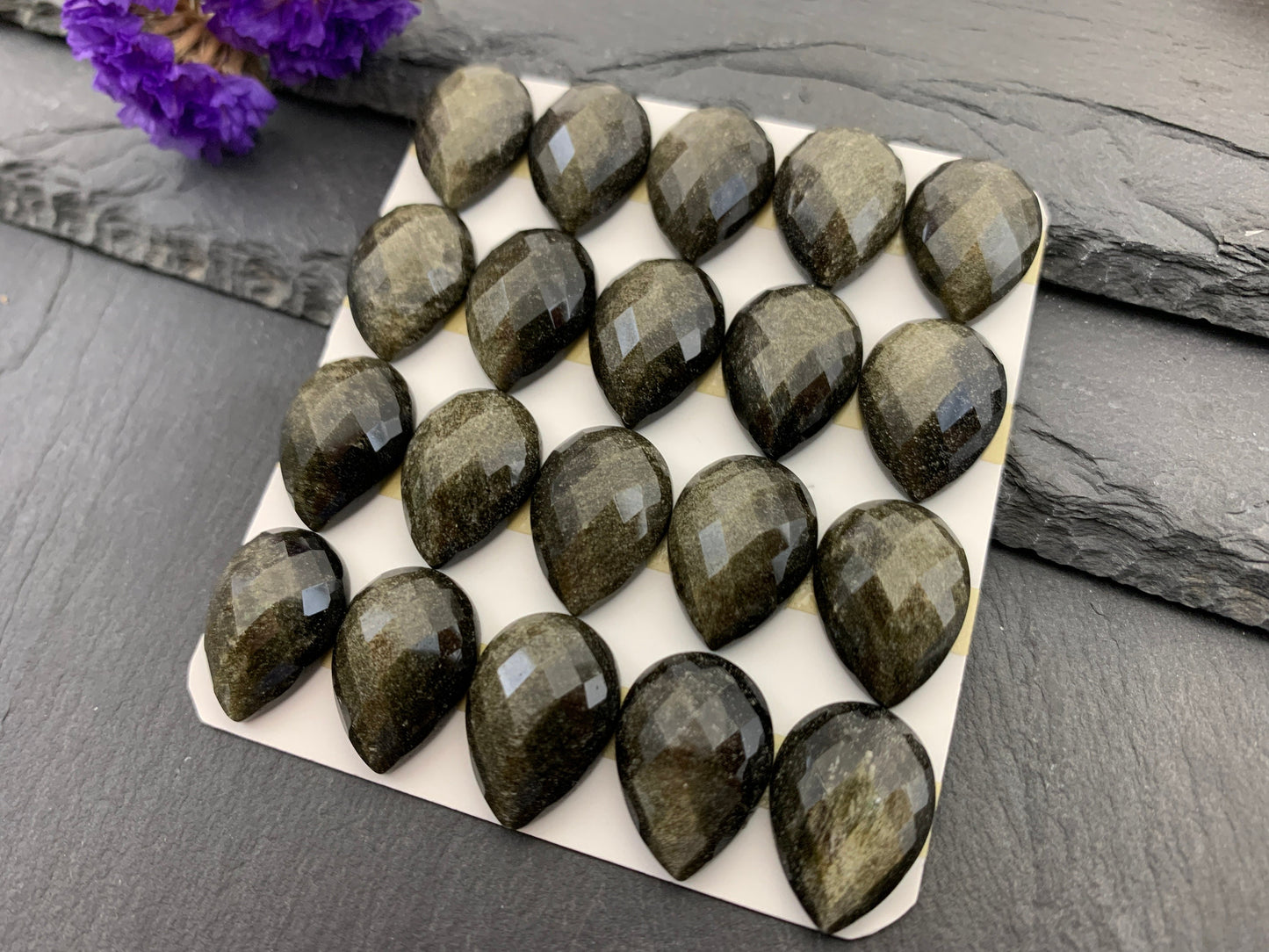 Faceted Gold Obsidian pear 13x18mm cabochon - Calibrated cabochons