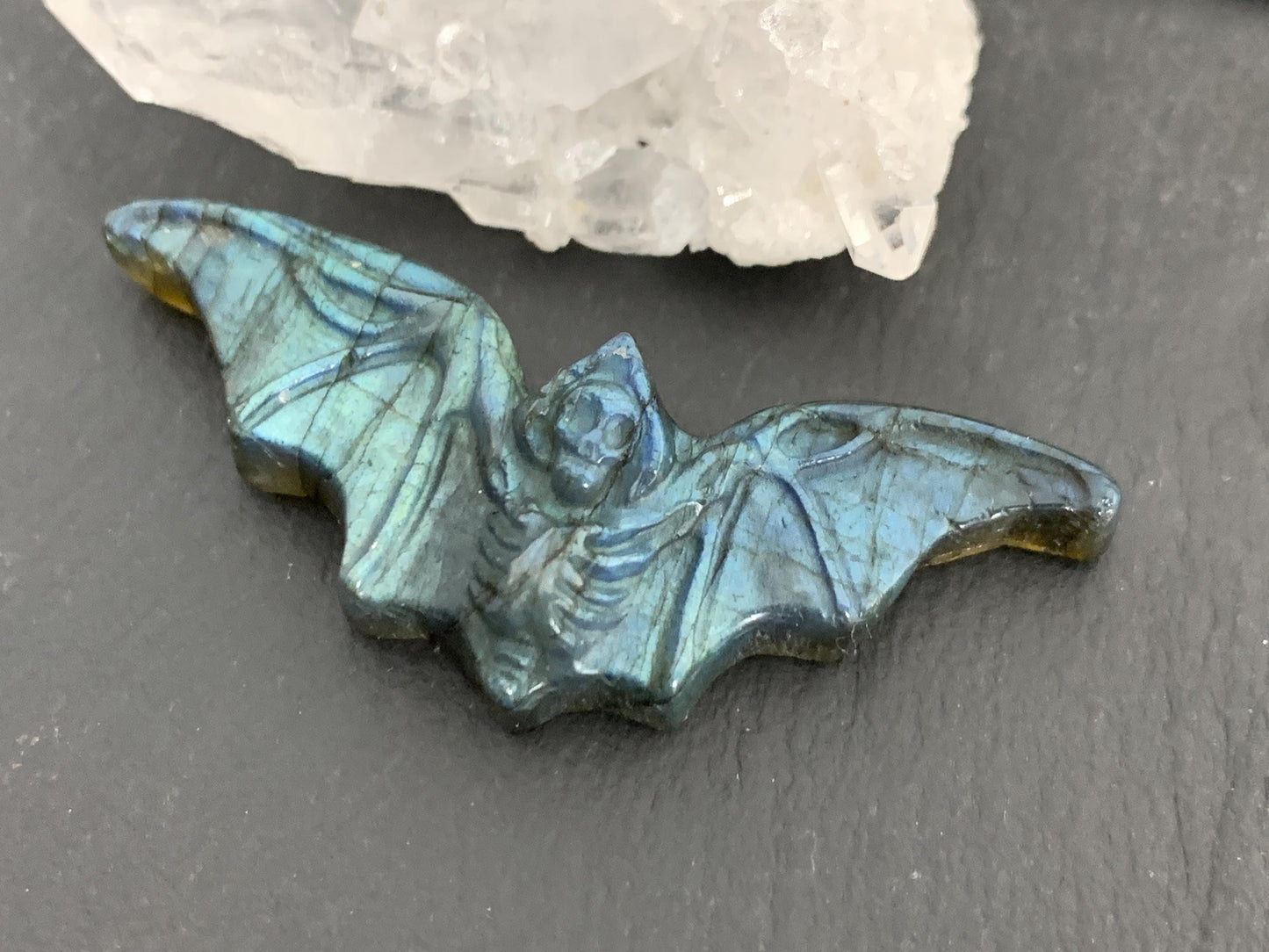 Labradorite skeleton bat 19x48mm flat back carving