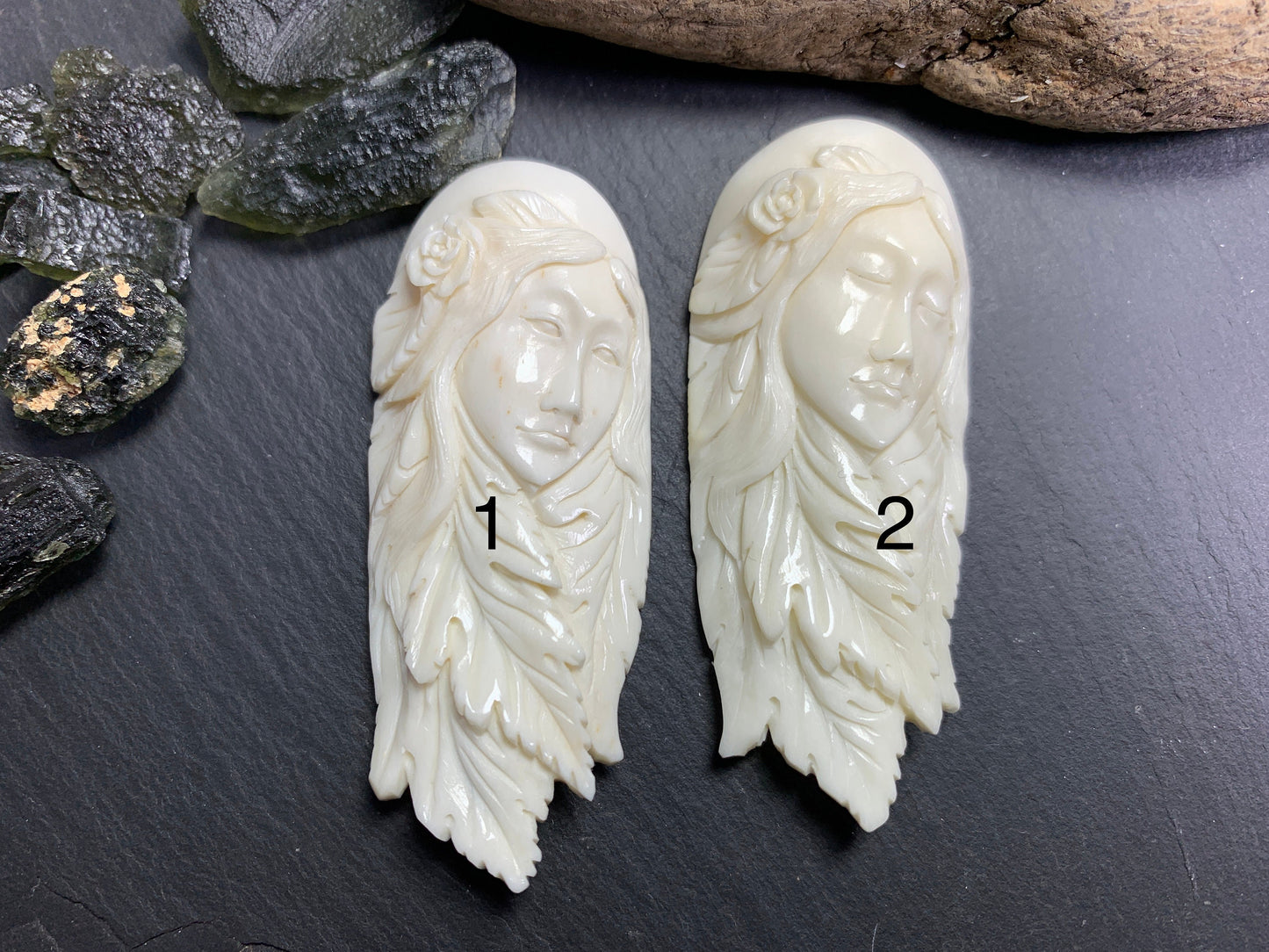 Bull Bone Carving/ Woman with flower