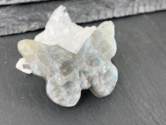 Natural Labradorite Carving - Ghost Face Butterfly 29x40mm Flat Back Gemstone